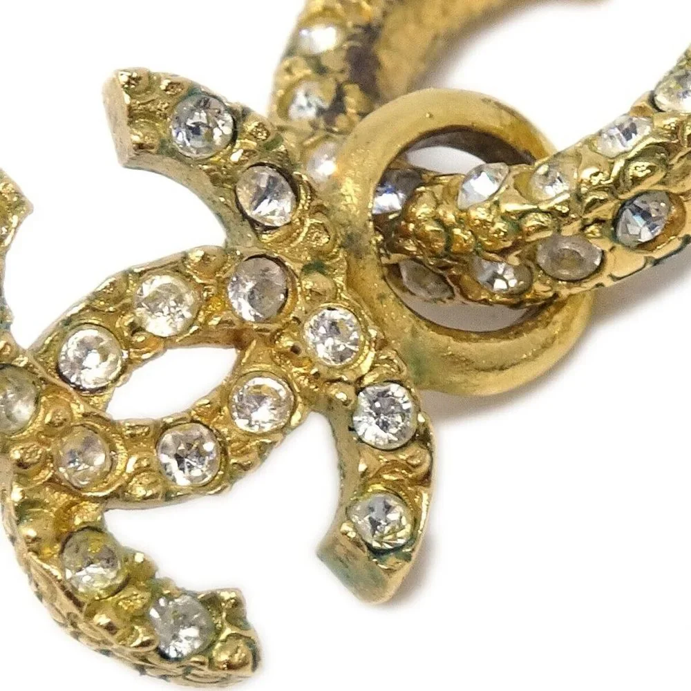 Chanel Dangle Pierced Earrings Rhinestone Gold